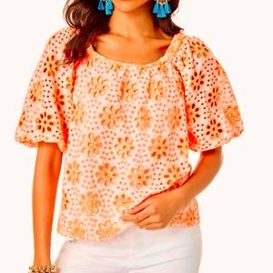 NWT Lilly Pulitzer Kerrigan Elbow Sleeve Cantaloupe Funflower Eyelet Top XXS